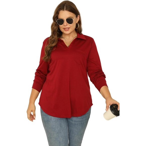 Women Plus Size Long Sleeve V Neck Collared Work Blouse Casual Tunic - Picture 5 of 8